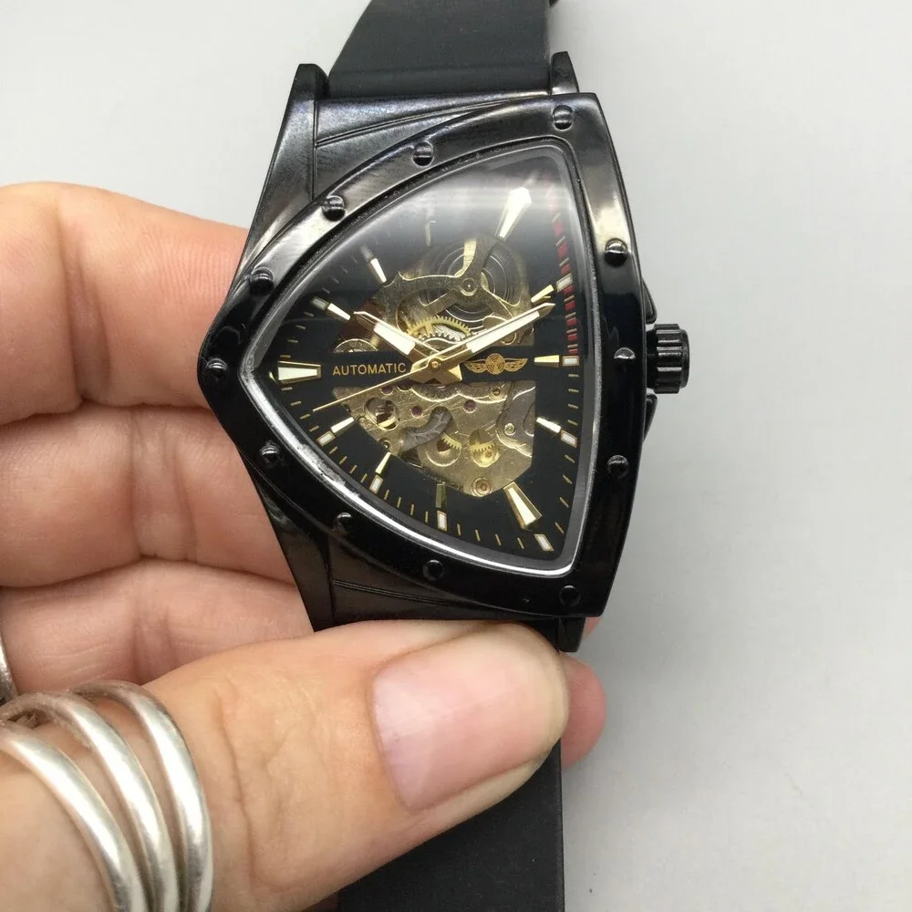 Winner Mens Watch 37mm Black Gold Skeleton Dial Automatic Triangle Case